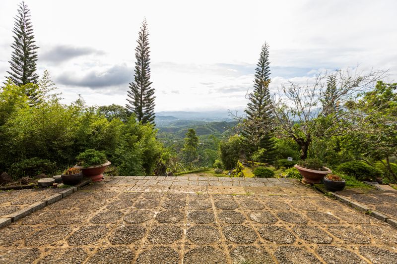 A garden terrace overlooking lush mountains in Vietnam